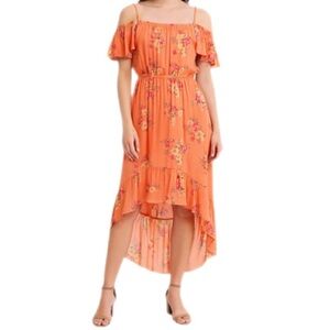 AMI Off Shoulder Floral Hi-Lo Maxi Dress Flutter Sleeves Spaghetti Straps